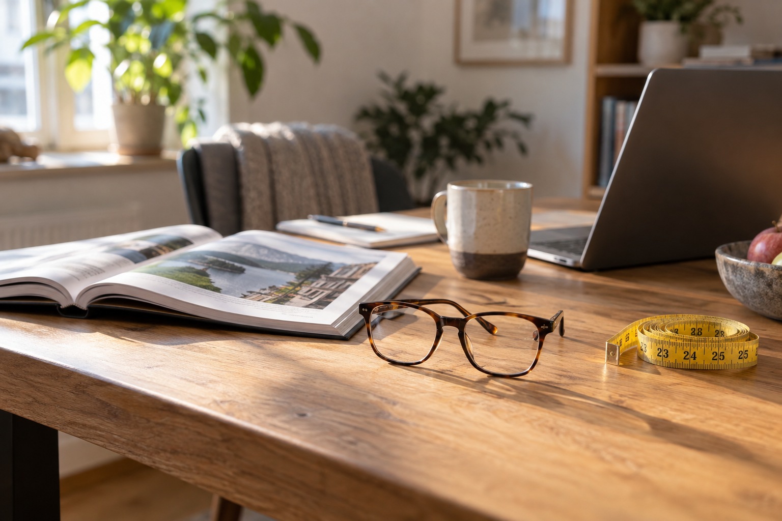 Bril, boek en laptop op een werktafel