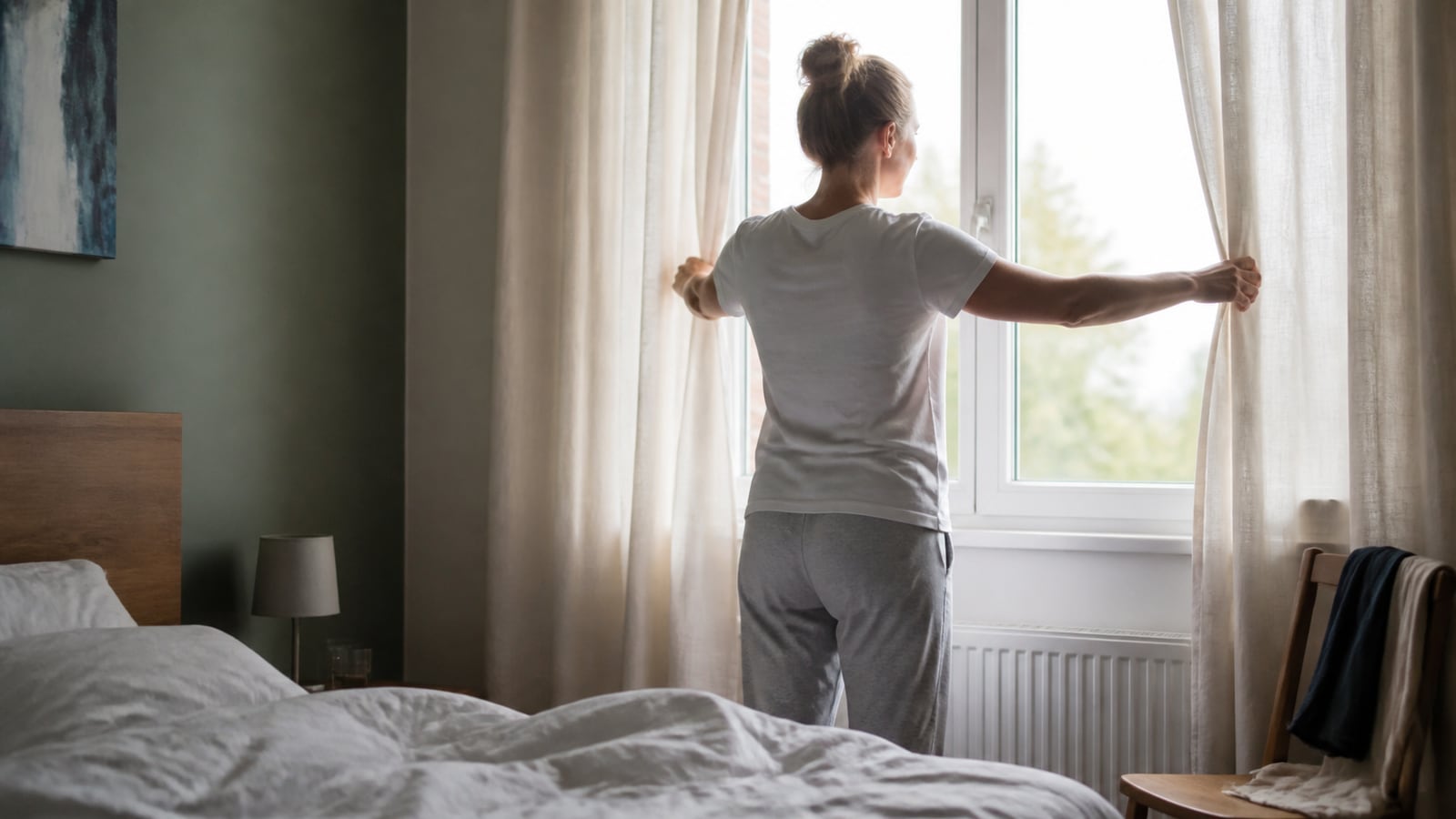 Volwassene die in de ochtend de gordijnen opent na een slechte nacht
