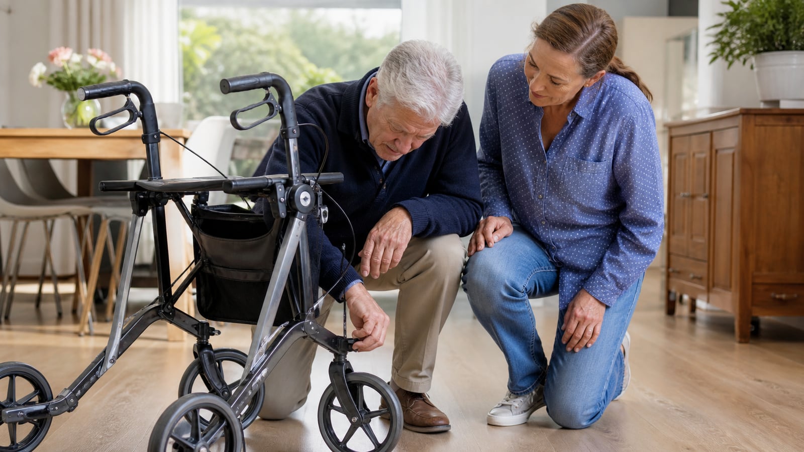 Oudere volwassene controleert de remmen en wielen van een rollator