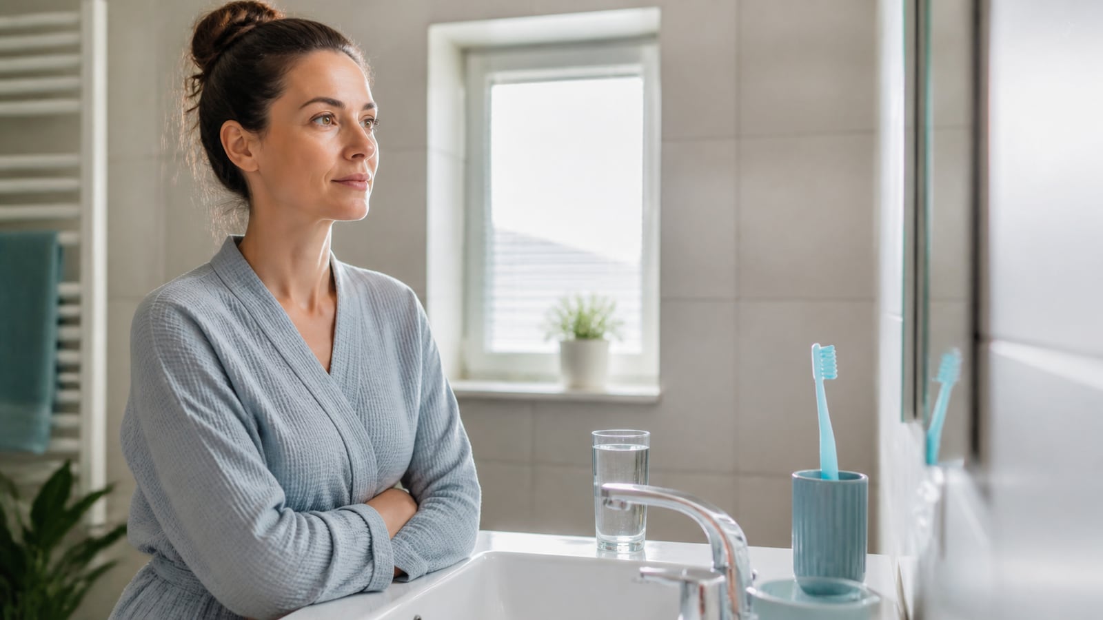 Tandenborstel en glas water bij een heldere badkamerwastafel